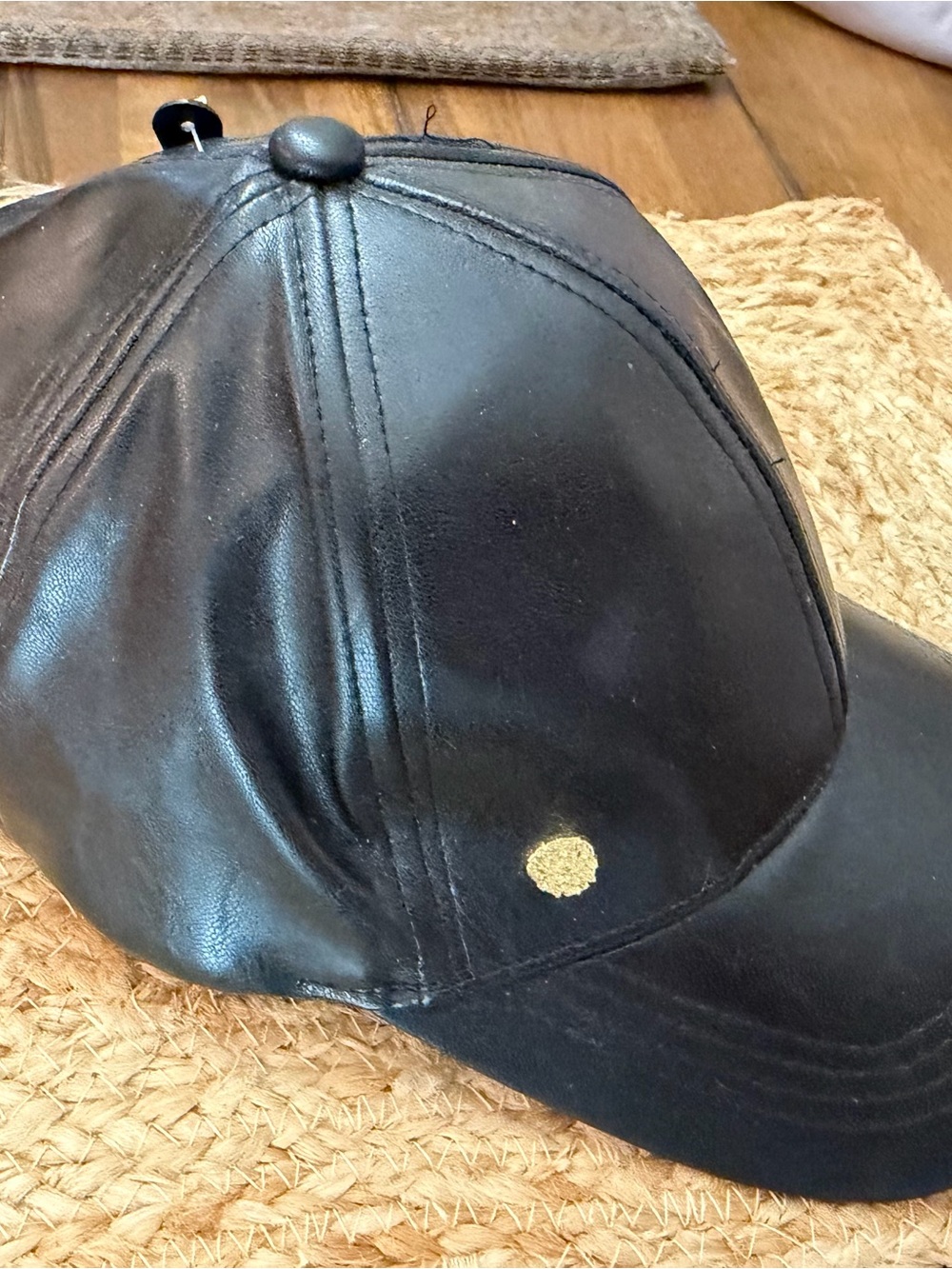 Vince Camuto Black Leather Baseball Cap with Gold Dot